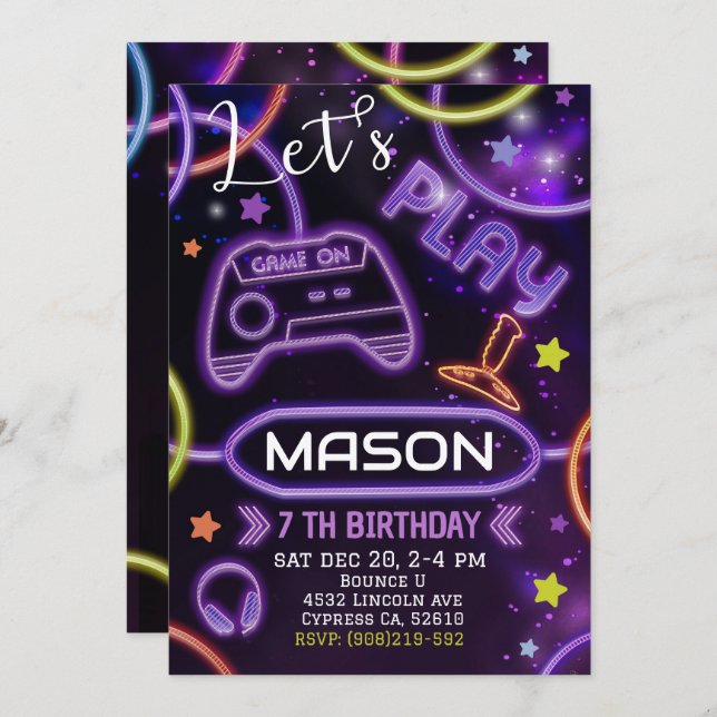 Neon Glow Gaming Birthday Invitation (Front/Back)