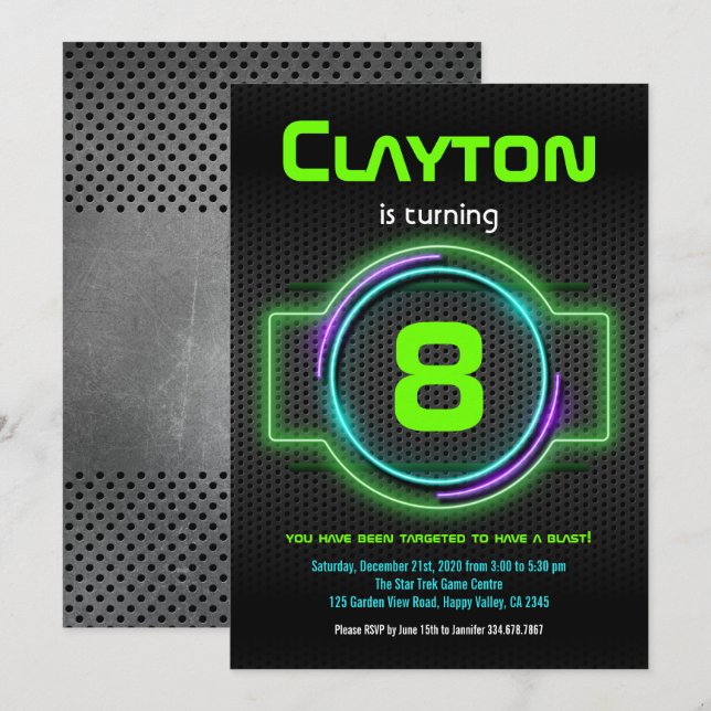 Neon Glow Green Boy 8th Birthday Laser Tag Party Invitation (Front/Back)