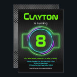 Neon Glow Green Boy 8th Birthday Laser Tag Party Invitation<br><div class="desc">[All text are editable]
Get this fun design now!
Occasion: Birthday Party for kid,  teen,  or adult.
Theme: Laser Tag Party,  Neon Glow In The Dark Party,  Video Game On Party. 
Style: Fun,  Cyber,  Colourful,  Futurism.
Colours: Blue,  Green,  Black.
Graphics: Neon Colour Frame with Metallic Industrial Background.</div>