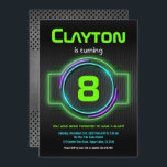 Neon Glow Green Boy 8th Birthday Laser Tag Party Invitation<br><div class="desc">[All text are editable]
Get this fun design now!
Occasion: Birthday Party for kid,  teen,  or adult.
Theme: Laser Tag Party,  Neon Glow In The Dark Party,  Video Game On Party. 
Style: Fun,  Cyber,  Colourful,  Futurism.
Colours: Blue,  Green,  Black.
Graphics: Neon Colour Frame with Metallic Industrial Background.</div>