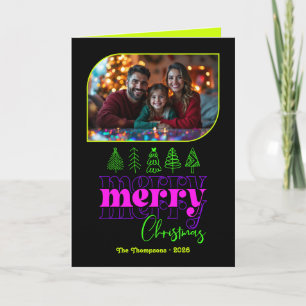 Neon Glow Hand Drawn Merry Christmas Photo Holiday Card