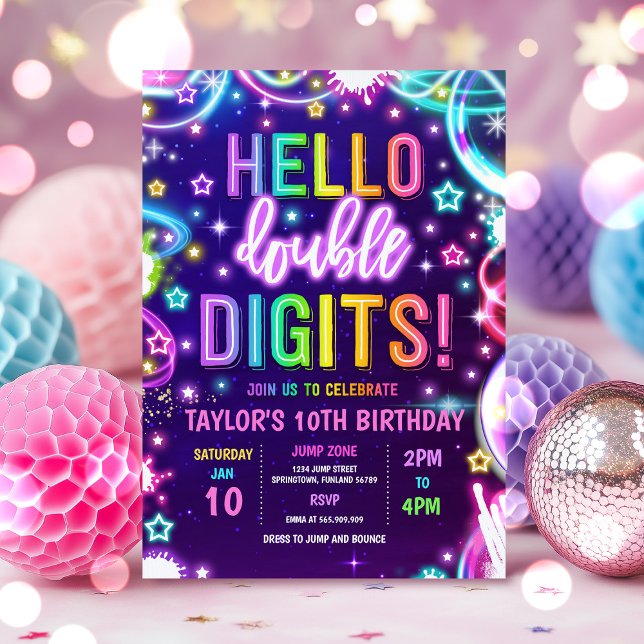 Neon Glow Hello Double Digits 10th Birthday Party Invitation (Creator Uploaded)