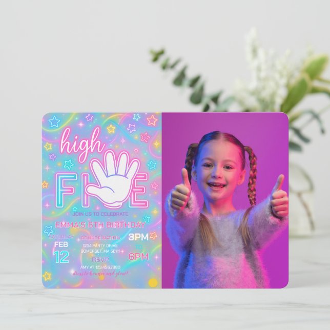 Neon Glow High Five 5th Birthday Party Photo Invitation (Standing Front)