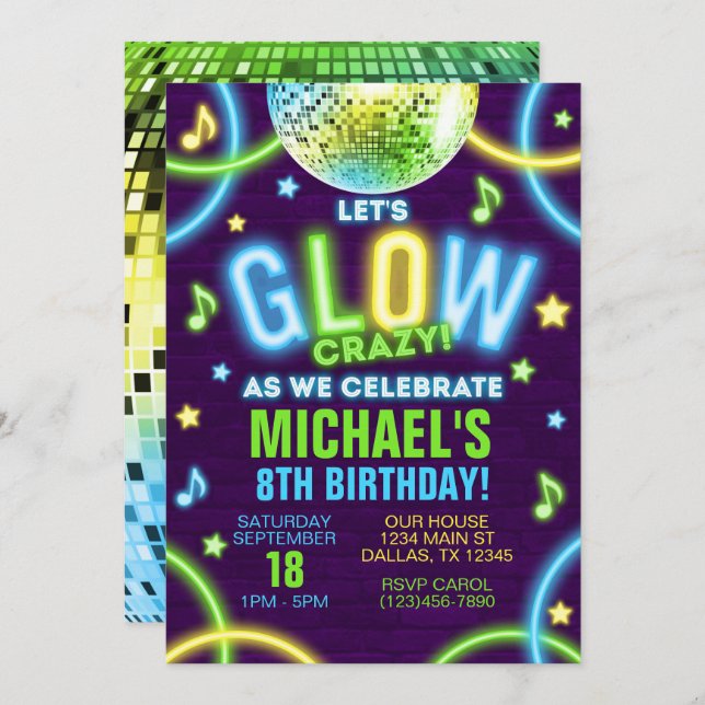Neon Glow in the Dark Birthday Party Invitation (Front/Back)
