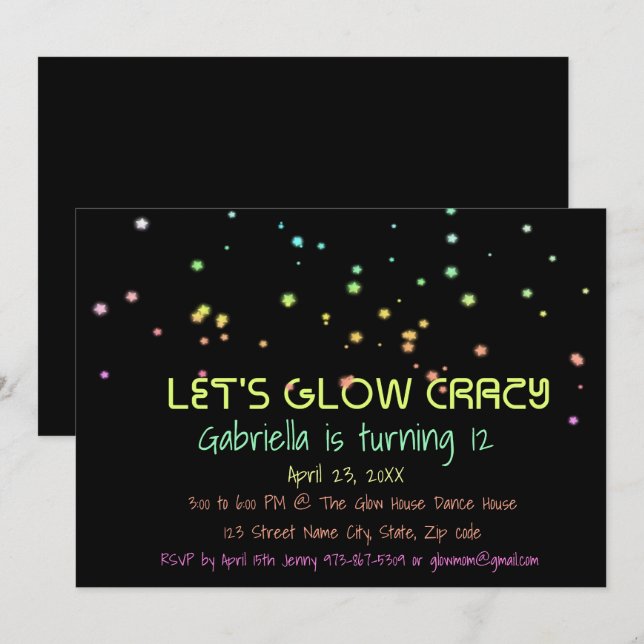 Neon Glow In The Dark Birthday Party Invitation (Front/Back)