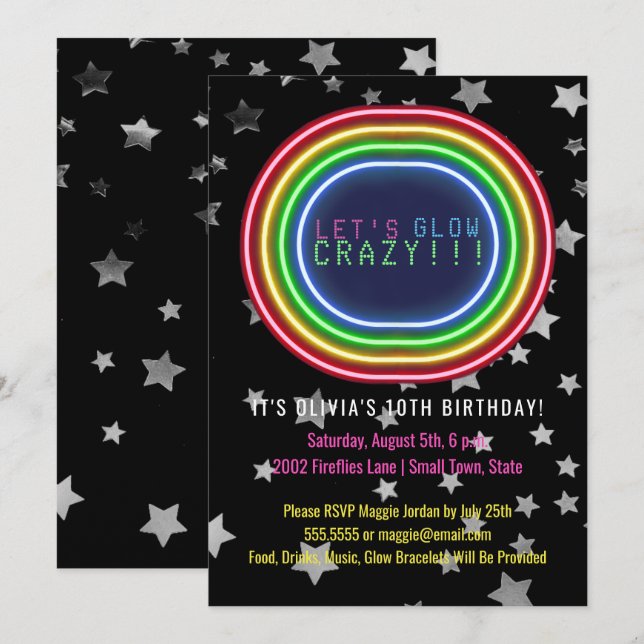Neon Glow in the Dark Birthday Party | Kids Party Invitation (Front/Back)