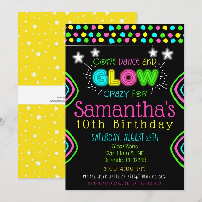 Neon Glow in the Dark Kids Birthday Party Invite (Front/Back)