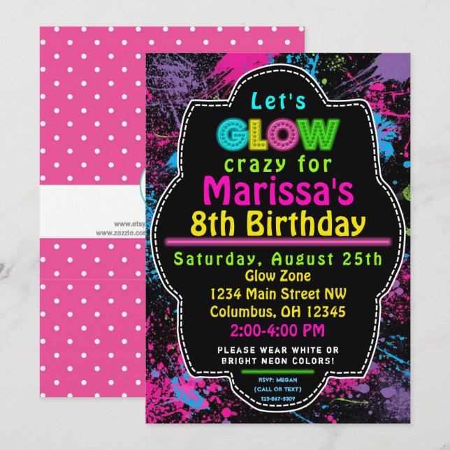 Neon Glow in the Dark Kids  Birthday Party Invite (Front/Back)