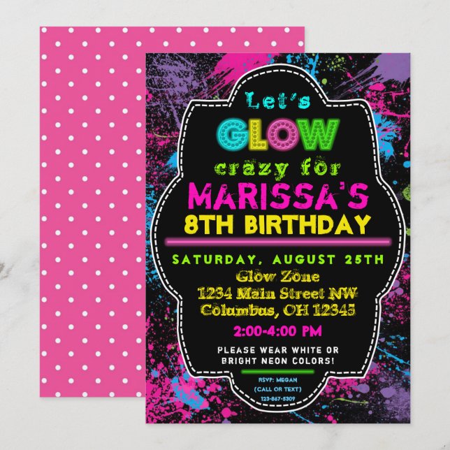 Neon Glow in the Dark Kids  Birthday Party Invite (Front/Back)