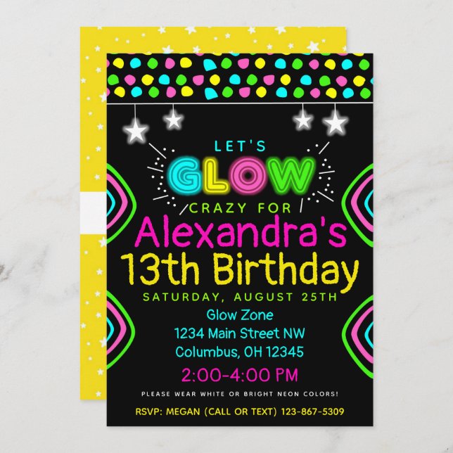 Neon Glow in the Dark Kids Birthday Party Invite (Front/Back)