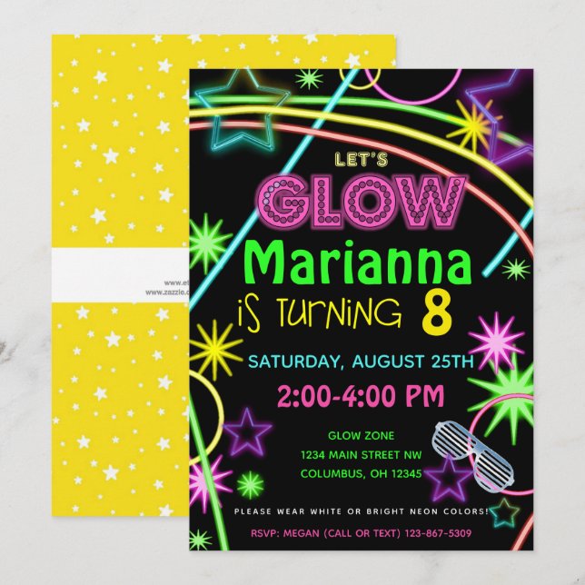 Neon Glow in the Dark Kids Birthday Party Invite (Front/Back)