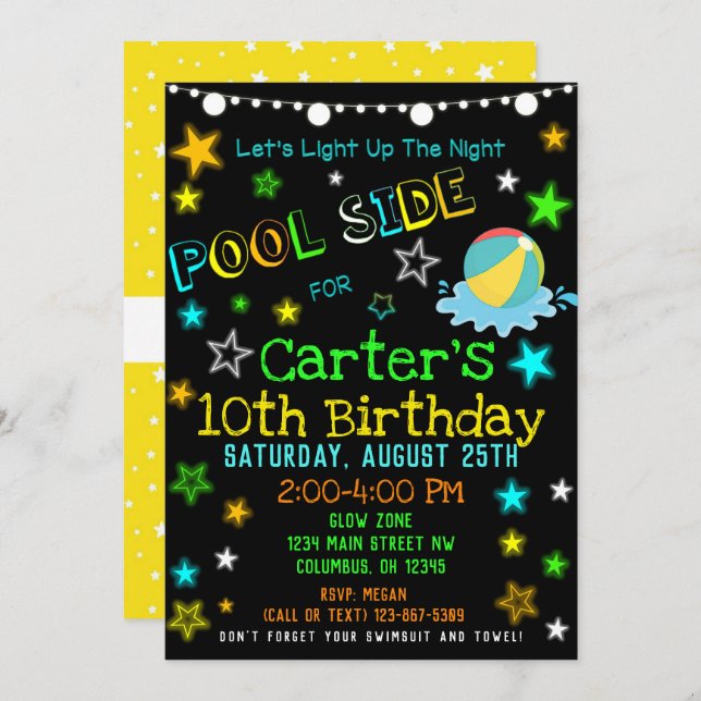 Neon Glow in the Dark Pool Party Invite (Front/Back)