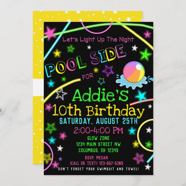 Neon Glow in the Dark Pool Party Invite (Front/Back)