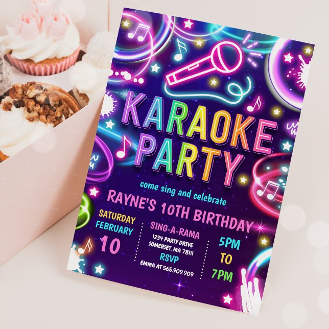 Neon Glow Karaoke Singing Music Birthday Party  Invitation (Creator Uploaded)