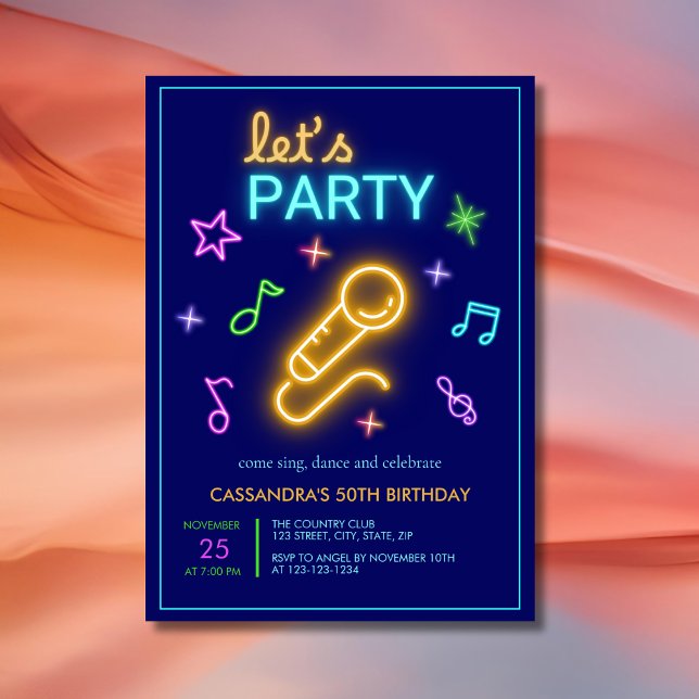 Neon Glow Let's Party Karaoke Birthday Invitation (Creator Uploaded)