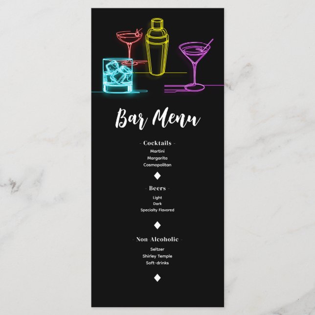 Neon Glow Lights Cocktails Open Bar Wedding Menu (Front)