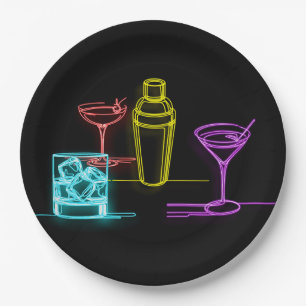 Neon Glow Lights Colourful Cocktails 21st Birthday Paper Plate