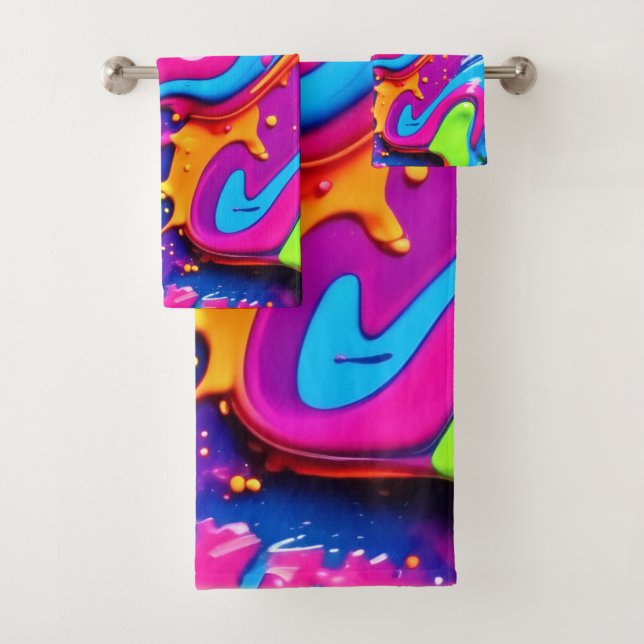 Neon Glow Liquid Splatter Artwork Bath Towel Set (Insitu)