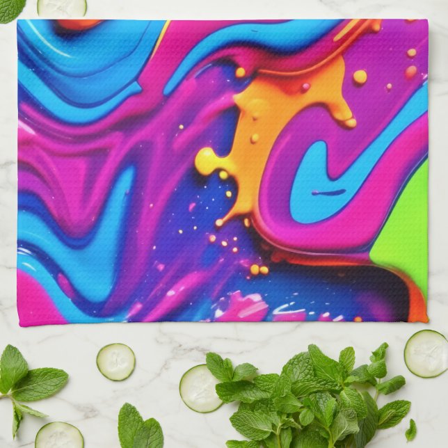 Neon Glow Liquid Splatter Artwork Tea Towel (Folded)