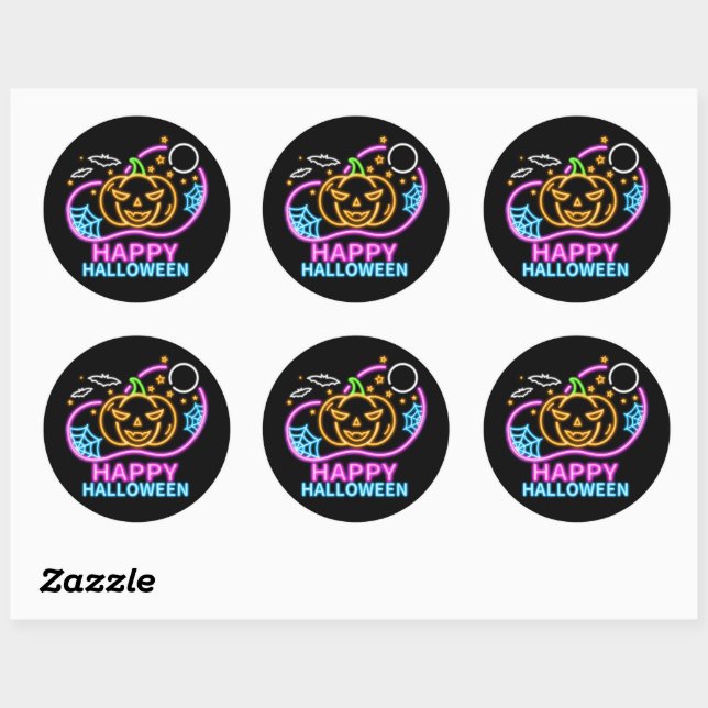 Neon Glow Look Halloween Pumpkin Bats Web Moon   Classic Round Sticker (Sheet)