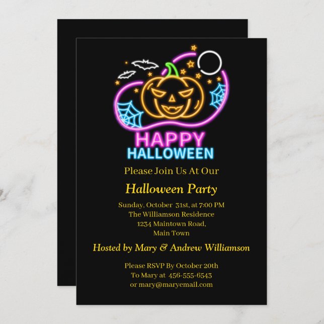 Neon Glow Look Halloween Pumpkin Bats Web Moon Invitation (Front/Back)