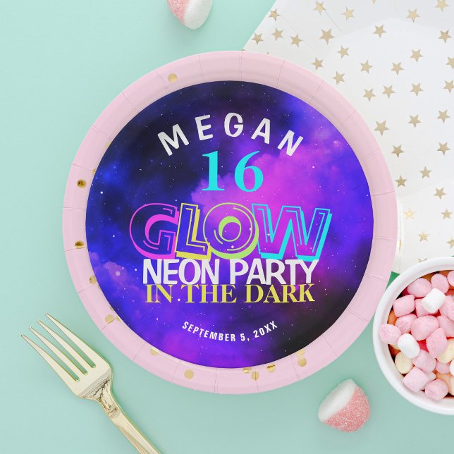 Neon glow modern Sweet 16 birthday party Paper Pla Plate (Creator Uploaded)