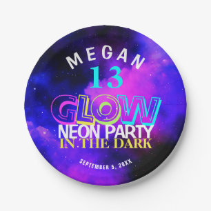 Neon glow modern teen 13th birthday party paper pl plate