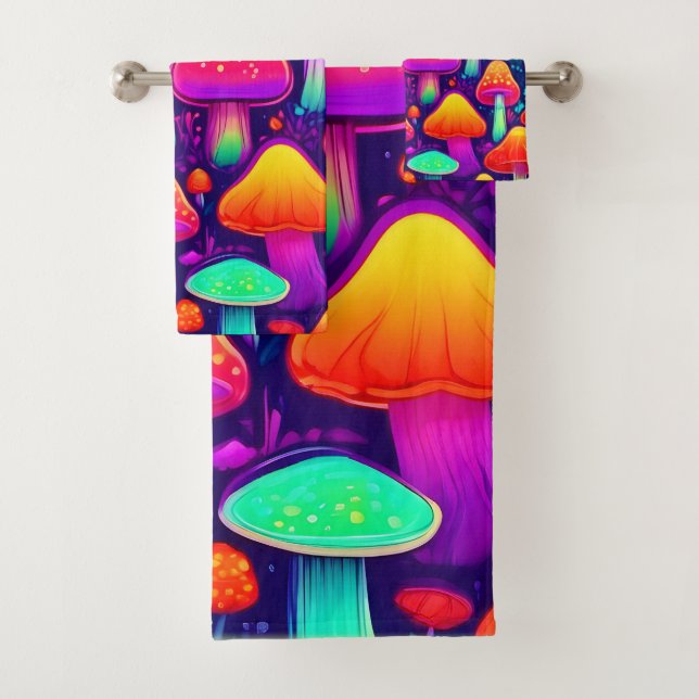 Neon Glow Mushroom Forest Bath Towel Set (Insitu)