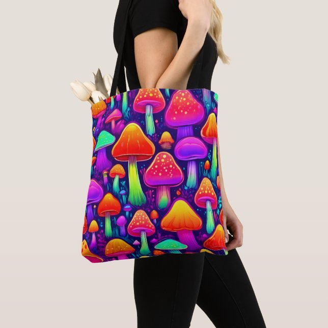 Neon Glow Mushroom Forest Tote Bag (Close Up)
