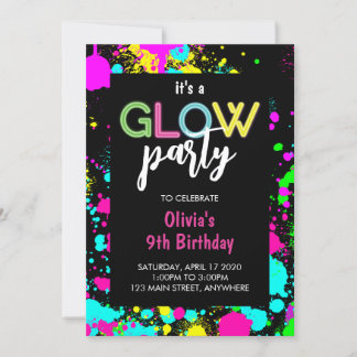 Neon Glow Paint Splatter Birthday Invitation