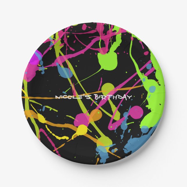 Neon Glow Paint Splatter Birthday Party Paper Plate (Front)