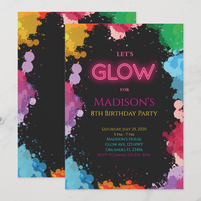 Neon Glow Painting Birthday Invitation (Front/Back)