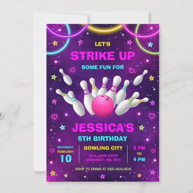 Neon Glow Party Bowling Birthday Invitation (Front)