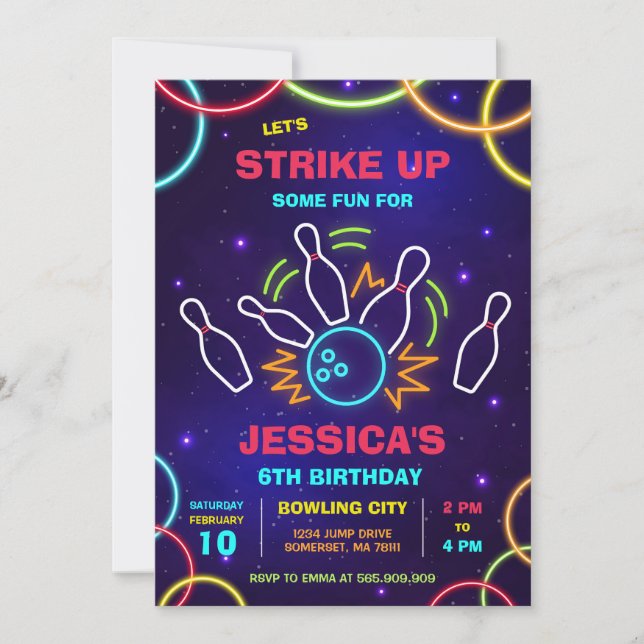 Neon Glow Party Bowling Birthday Invitation (Front)