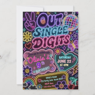Neon Glow Peace Out Single Digits Girl Birthday Invitation