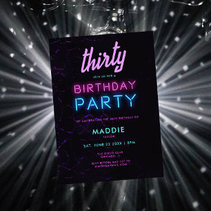 Neon Glow Pink Teal Black Disco 30th Birthday Invitation