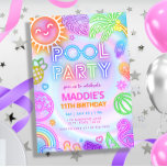 Neon Glow Pool Party Birthday Invitation<br><div class="desc">Dive into the ultimate party experience with our Pool Party Birthday Invitation! This design captures all the excitement of a pool party, featuring a neon array of summer graphics including a glowing sun, palm tree, pool float, flamingo, ice cream, and more. Surrounded by heart and star accents, this invitation bursts...</div>