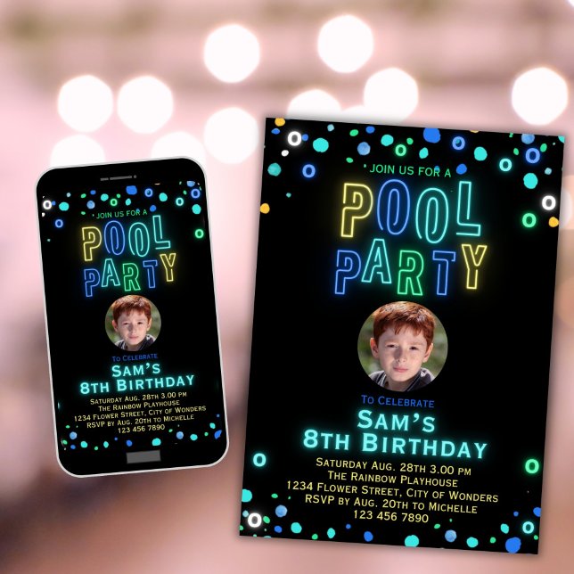 Neon Glow Pool Party Boys Photo Birthday Party  Invitation (Creator Uploaded)