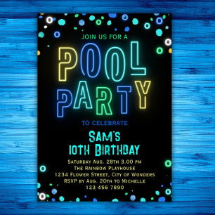 Neon Glow Pool Party Boys Summer Birthday Party Invitation