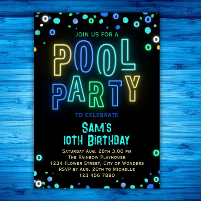 Neon Glow Pool Party Boys Summer Birthday Party  Invitation (Creator Uploaded)