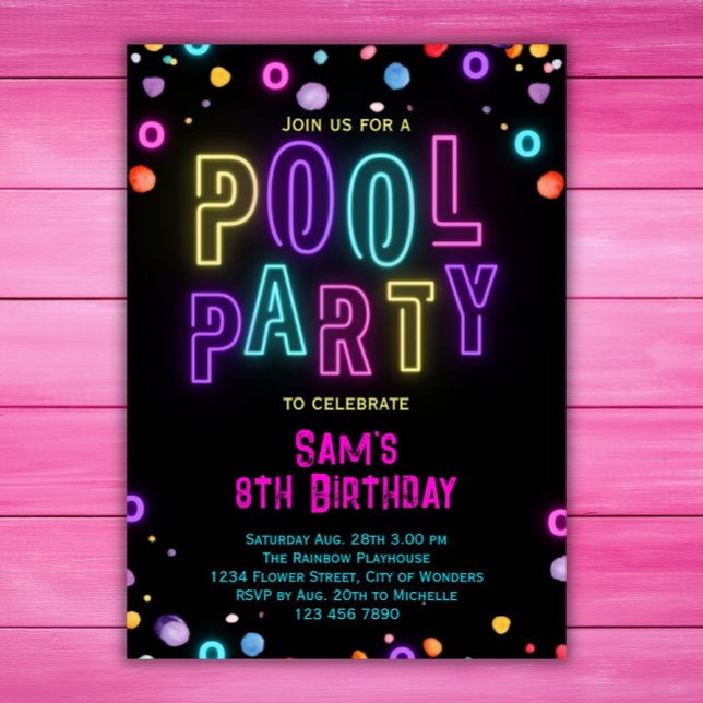 Neon Glow Pool Party Girls Pink Purple Birthday Invitation (Creator Uploaded)