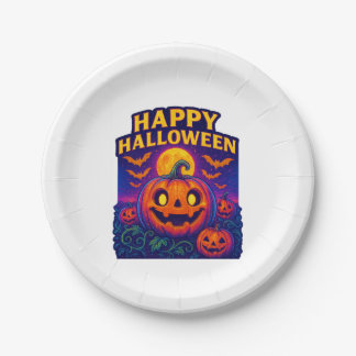 Neon Glow Pumpkin “Happy Halloween” Paper Plate