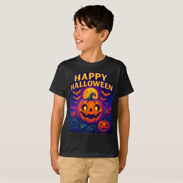Neon Glow Pumpkin “Happy Halloween” T-Shirt (Front Full)