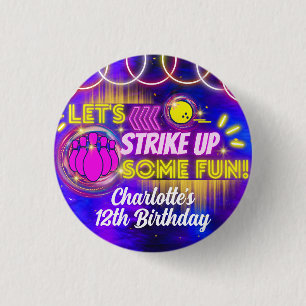 Neon Glow Purple Girl's Bowling Birthday Party 3 Cm Round Badge