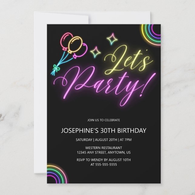 Neon Glow Rainbow Balloon Birthday Invitation (Front)