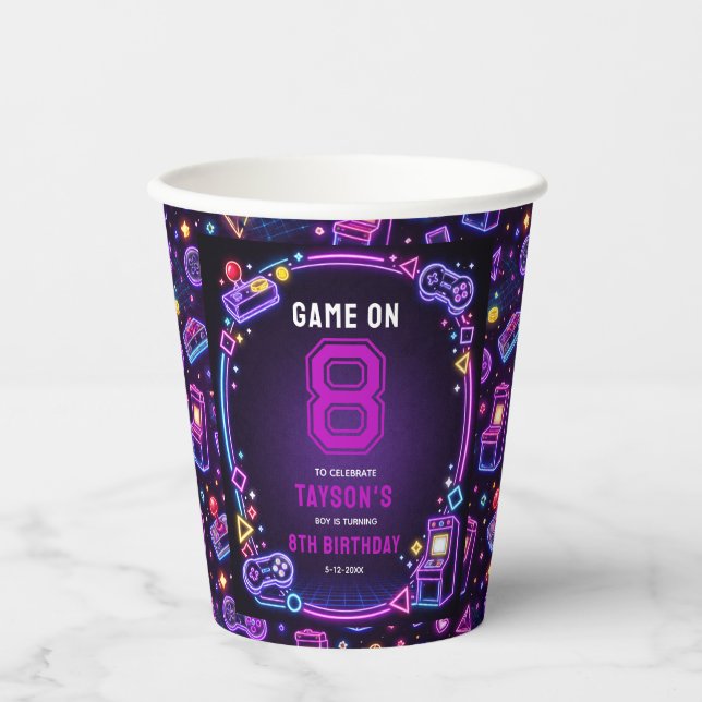 Neon Glow Retro Arcade Gaming 8th Birthday Paper Cups (Front)
