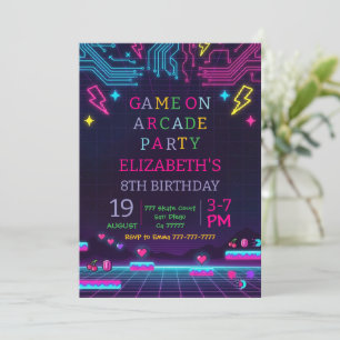 Neon Glow Retro Arcade Gaming Birthday Party Invitation
