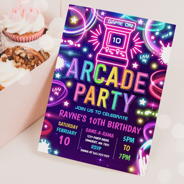 Neon Glow Retro Arcade Gaming Birthday Party Invitation (Creator Uploaded)