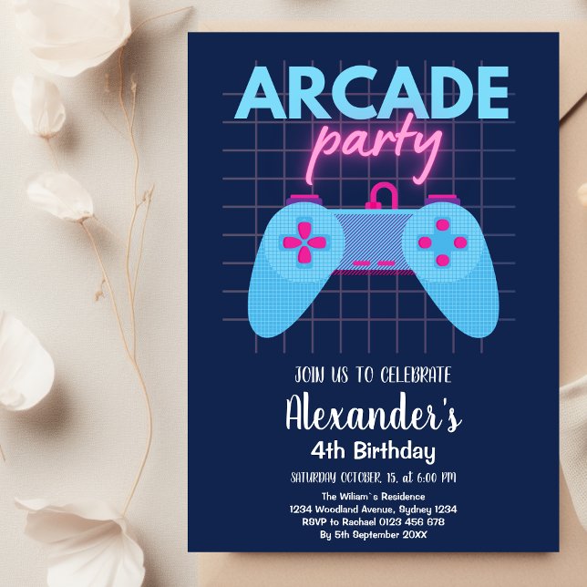 Neon Glow Retro Arcade Gaming Birthday Party  Invitation (Creator Uploaded)