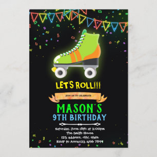 Neon glow roller skate theme birthday invitation